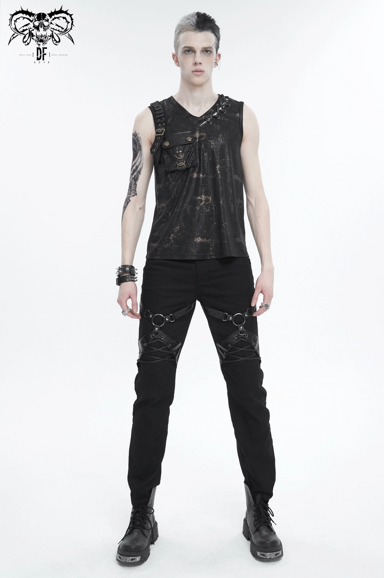 Distressed black-gold marbled fabric close-up of men's gothic tank top demonstrating texture and cracked finish details