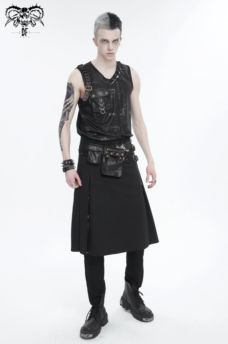 Men's gothic lace-up tank top showing full design with metallic buckle accents and industrial punk-goth aesthetic