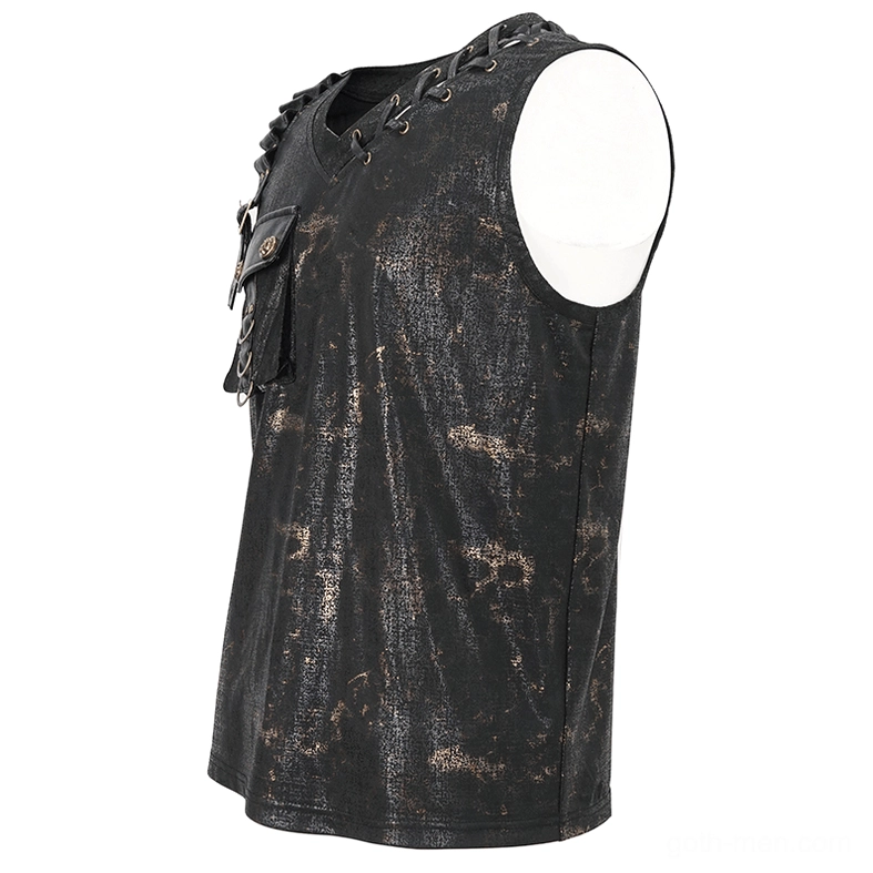 Right rear view of men's gothic tank top on mannequin showing distressed textured black fabric and back strap detail