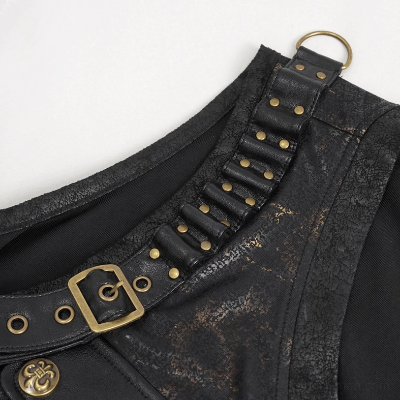 Close-up of antique brass shoulder strap hardware with studded leather accents, buckle and d-ring on gothic tank top