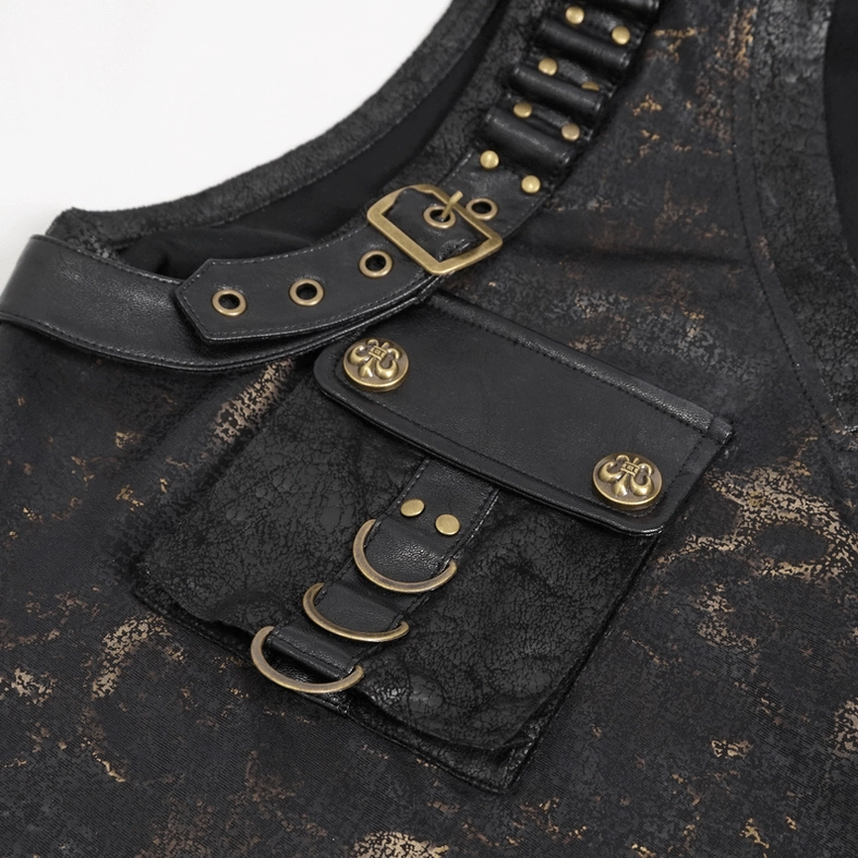 Side lace-up detail of gothic tank top showcasing adjustable corset-style closure and vintage leather strapping