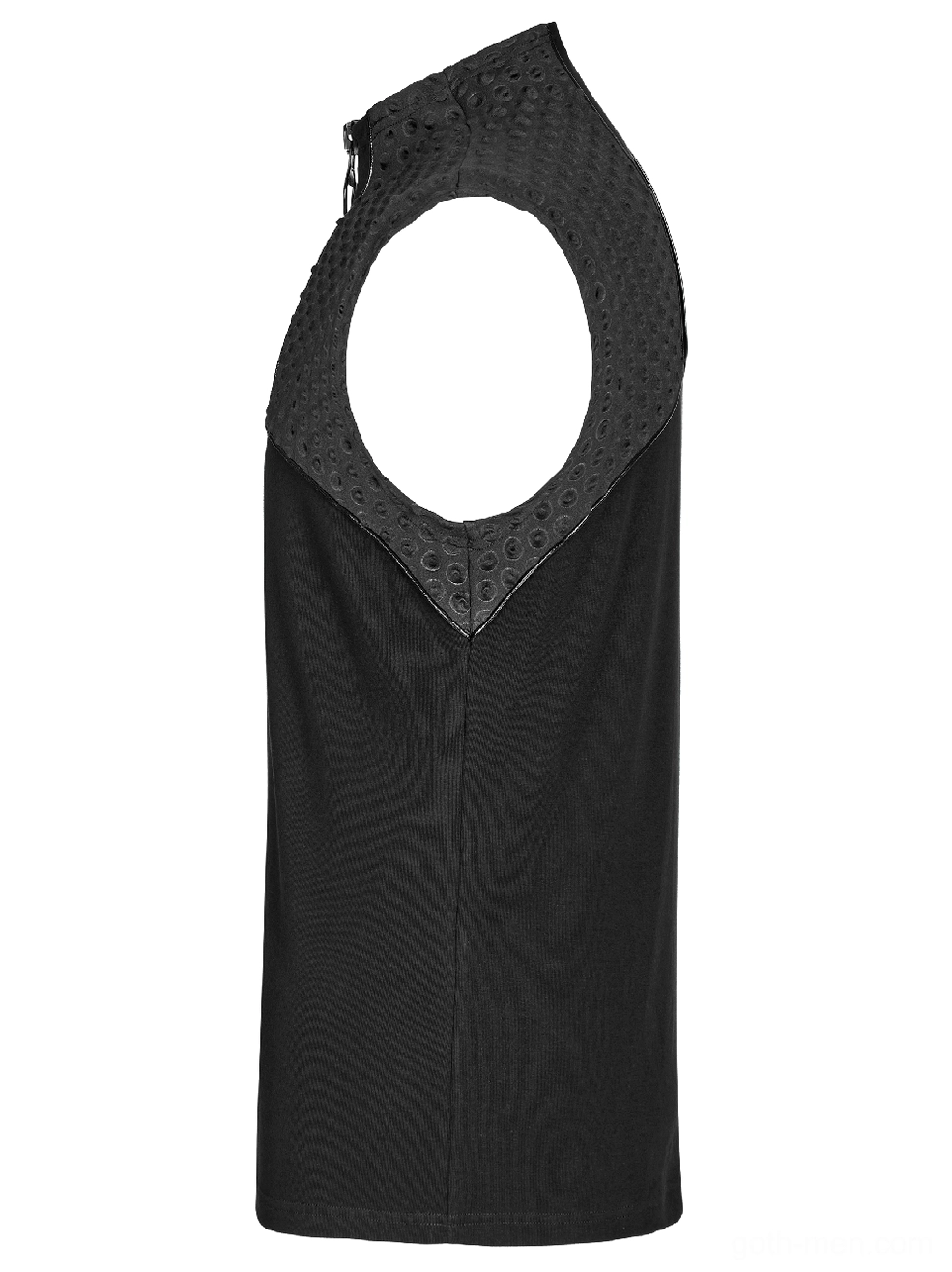 Side flat lay perspective of gothic tank top showing armhole cutout and curved shoulder seam construction