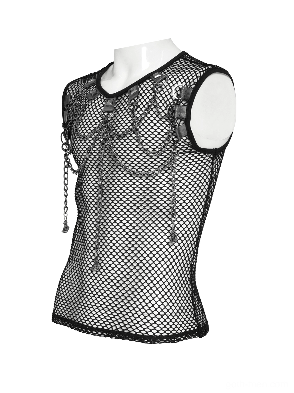 Black mesh tank top three-quarter side view on mannequin showing fitted silhouette and metal chain details