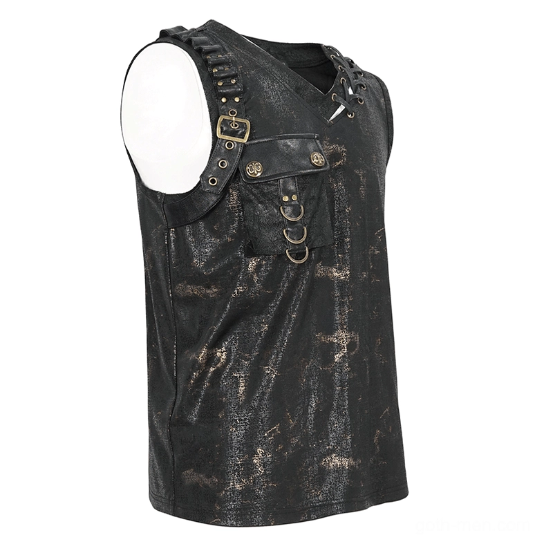 Left side view of gothic lace-up tank top on mannequin highlighting side pocket hardware and vintage metal accents
