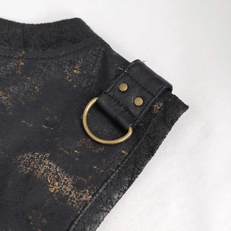 Detailed view of studded leather strap with d-ring hardware and distressed black-gold marbled fabric on gothic tank