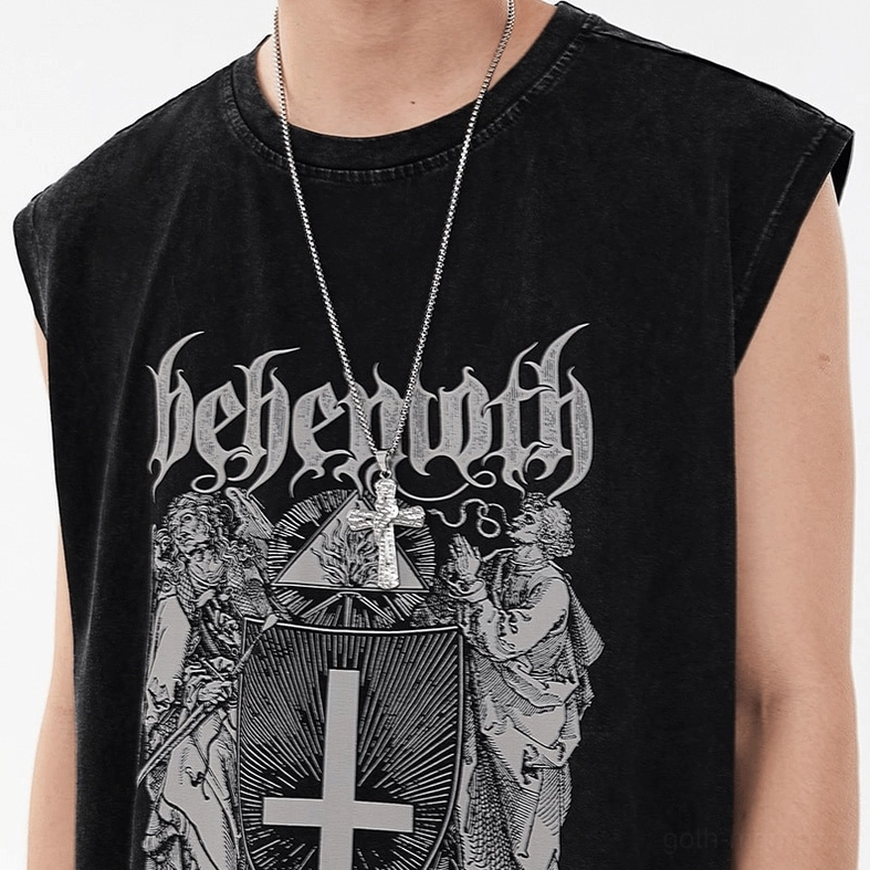 Close-up torso view of gothic cross tank top on male model, crew neck detail