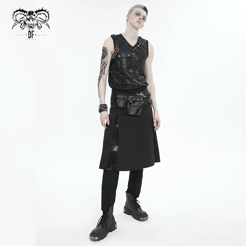 Alternative angle of gothic tank top front showing v-neckline depth and oversized utility pocket with buckle details