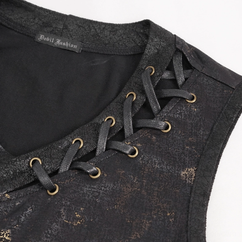 Close-up detail of gothic tank top v-neck lace-up system with cracked fabric texture and brand identification label