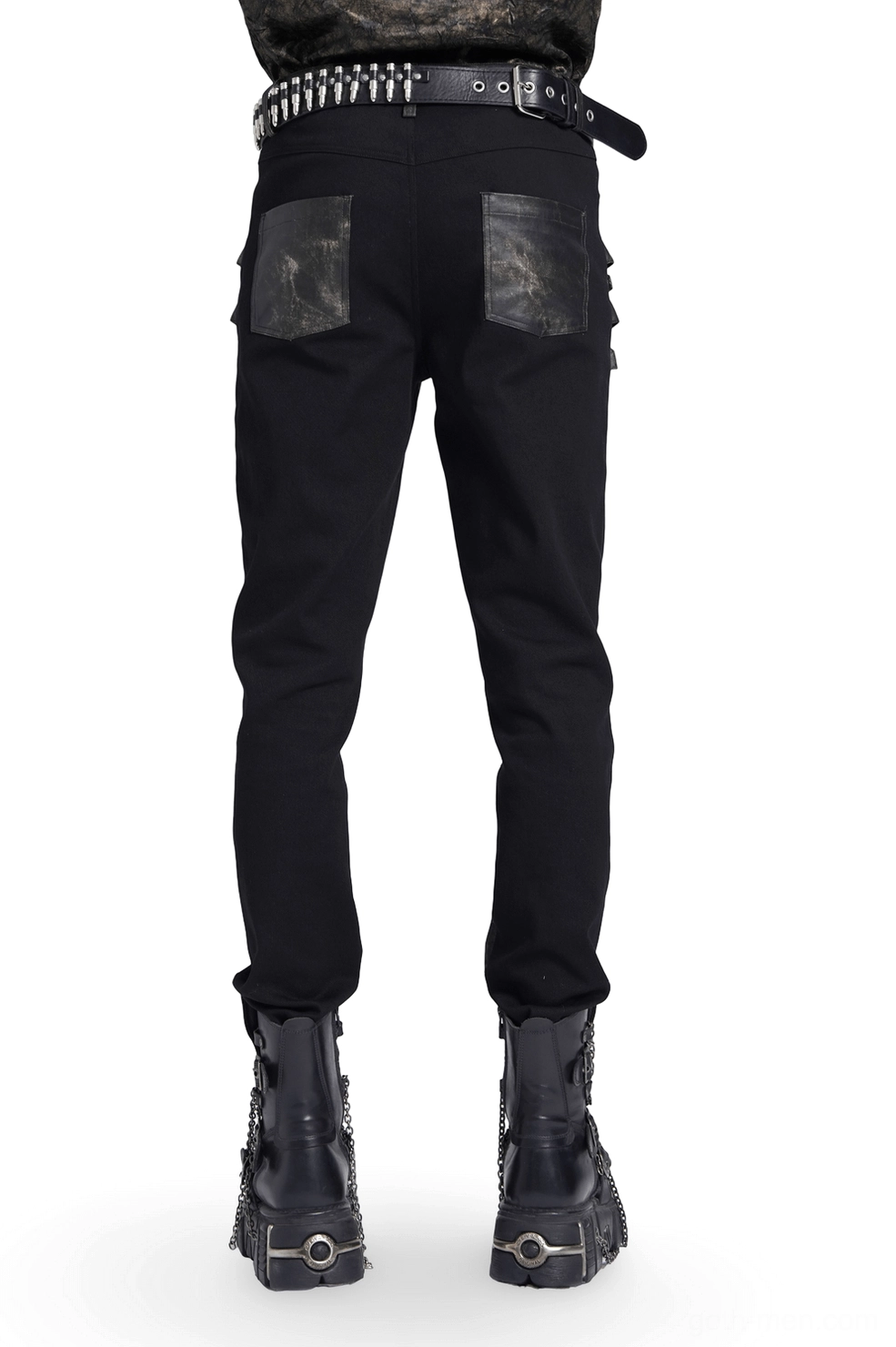 Black gothic slim fit pants rear view showing patch pockets and studded belt detail on male model