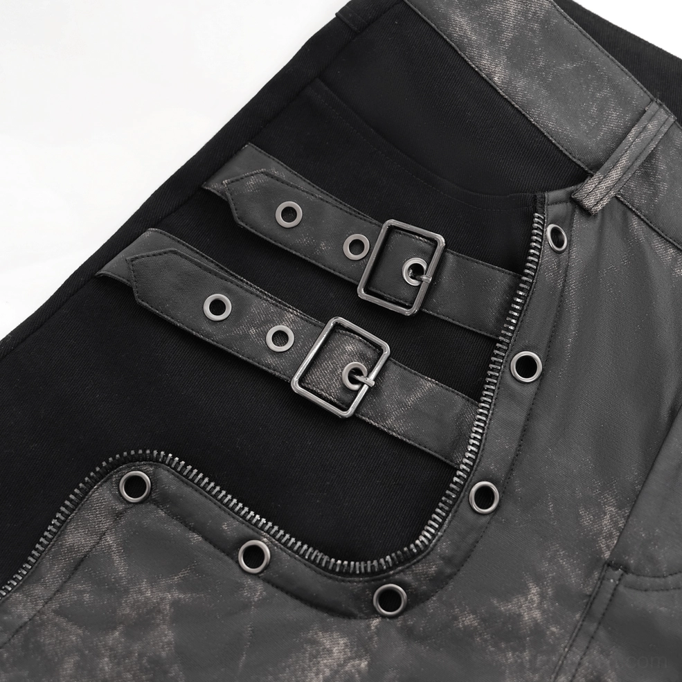 Macro detail of adjustable buckle straps and metal rivets on black gothic techwear pants