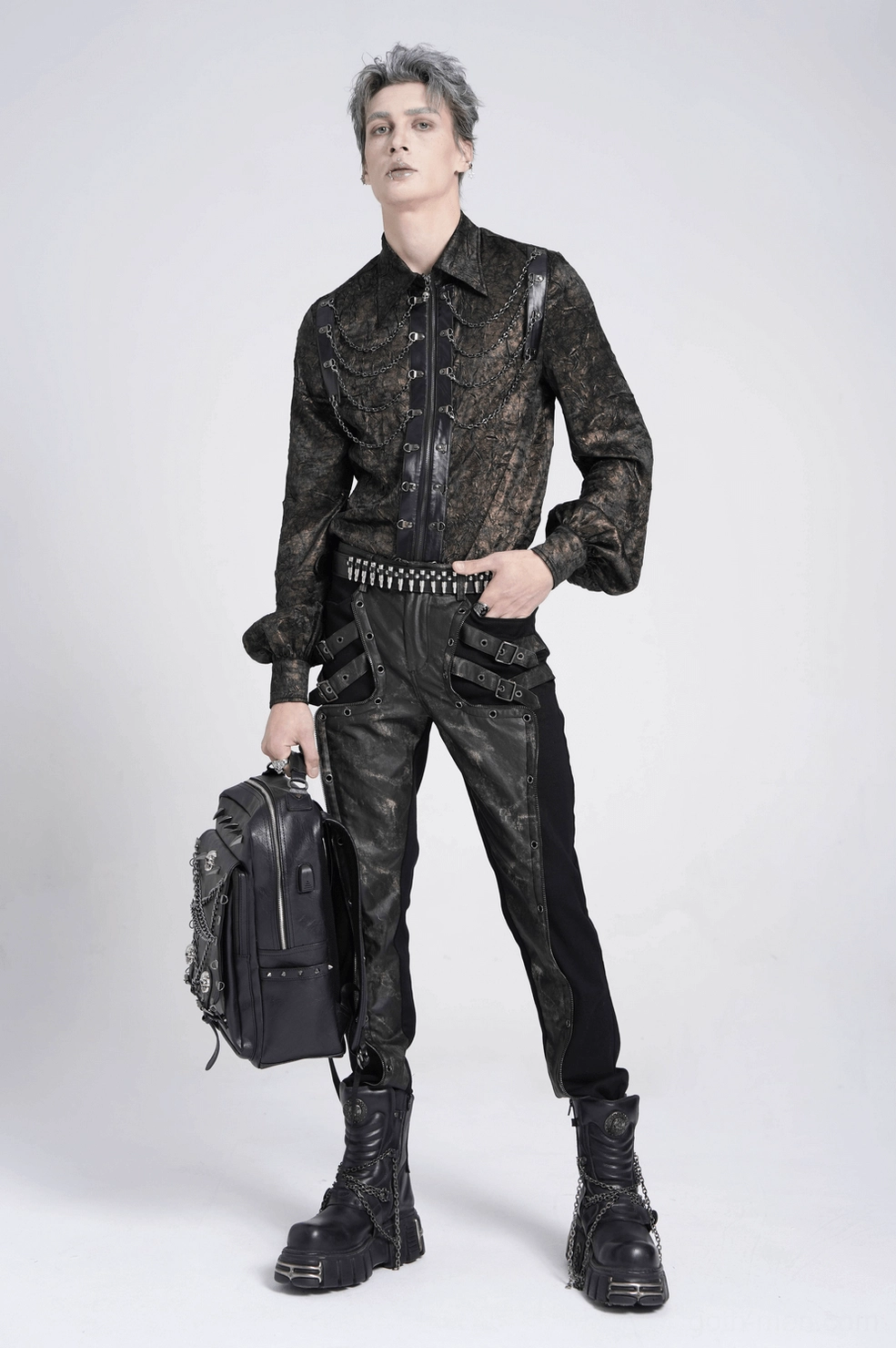 Gothic techwear pants color accuracy and fabric sheen reference image in studio lighting