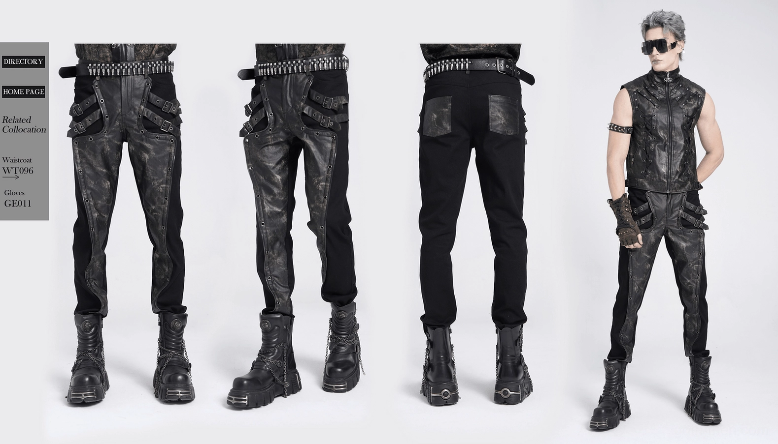 Men's black gothic pants complete package view with all distressed details and buckle hardware visible