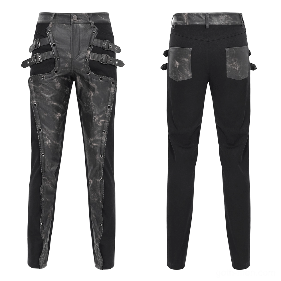 Men's gothic techwear pants with distressed faux leather panels and side buckles, front product view