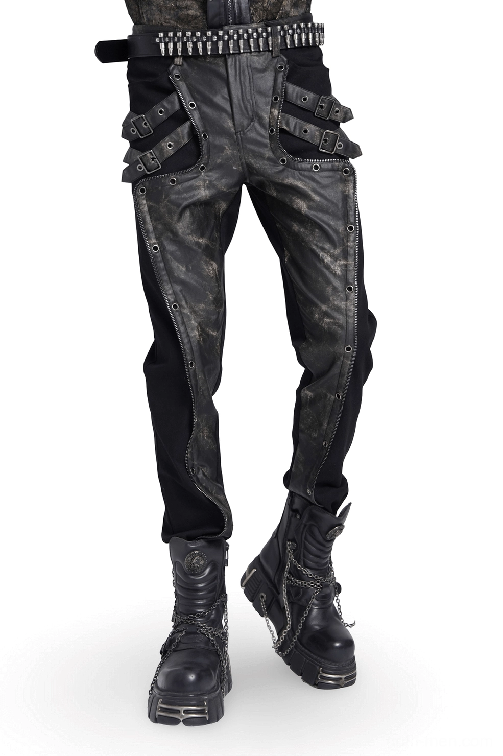 Men's black gothic techwear pants with distressed leather panels and adjustable buckle straps, full-body front view on male model