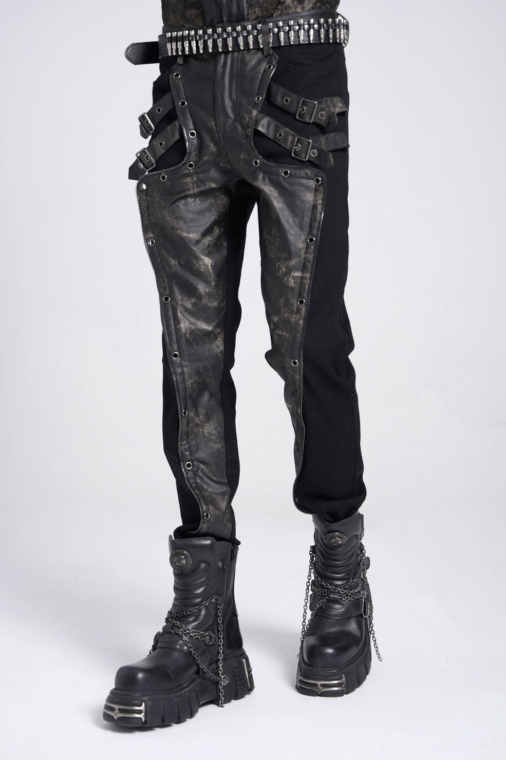 Men's gothic techwear slim fit pants leg detail showing fabric texture and distressed sections