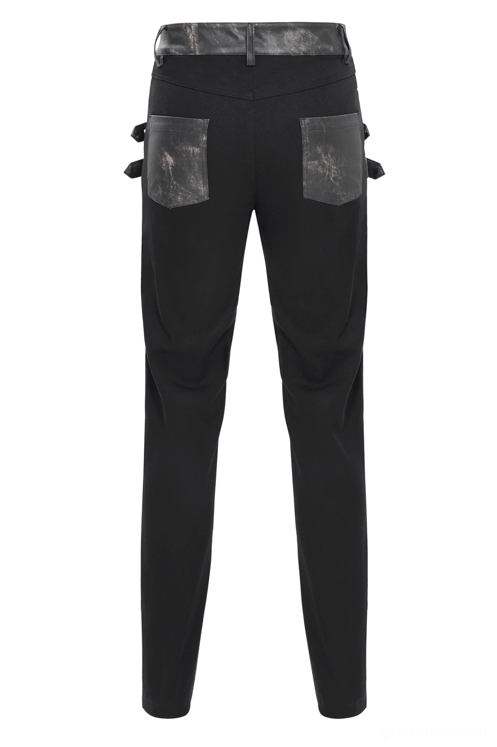 Solid black gothic slim fit trousers rear view displaying clean patch pocket construction