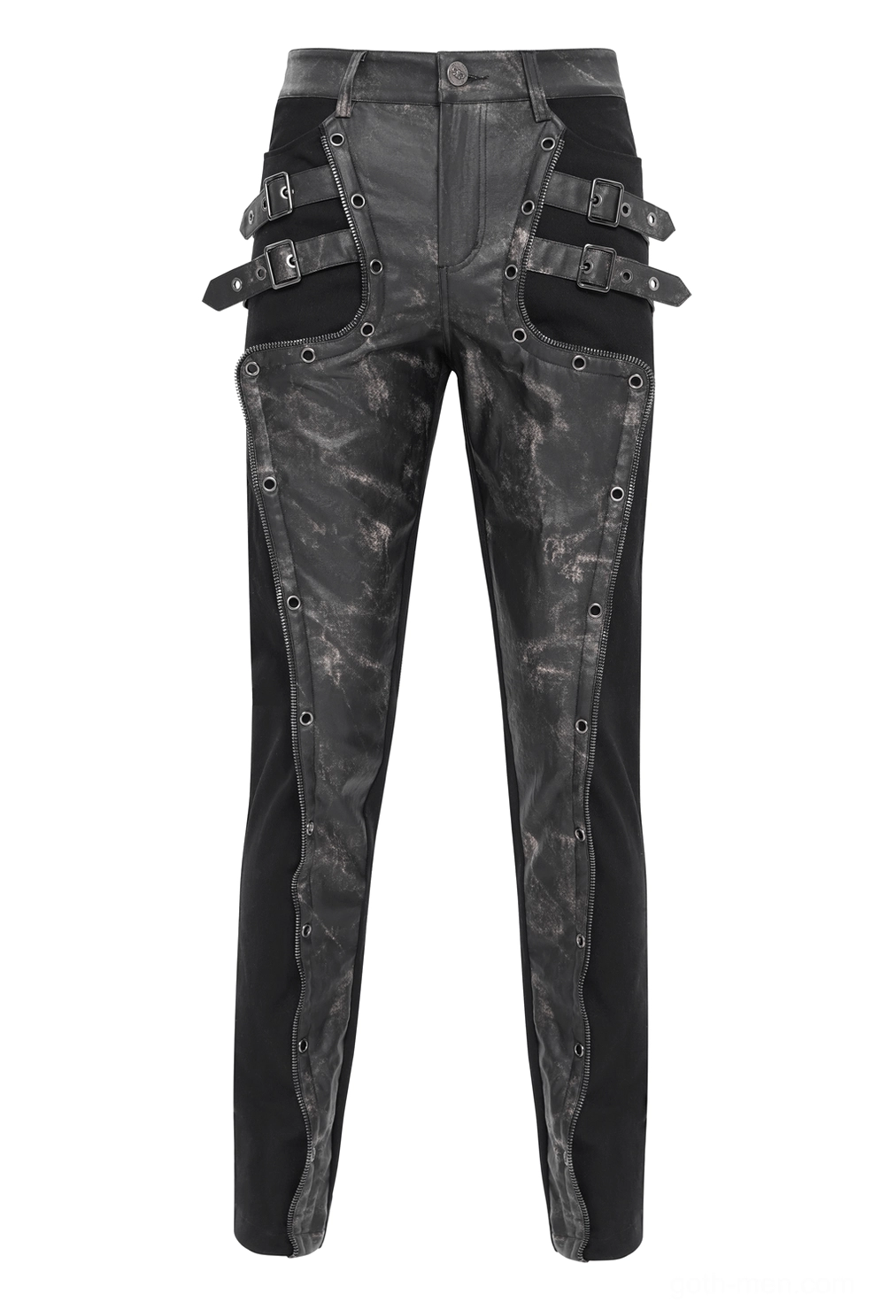 Men's slim fit black gothic techwear pants with rivet decorations and structured cut, front detail view