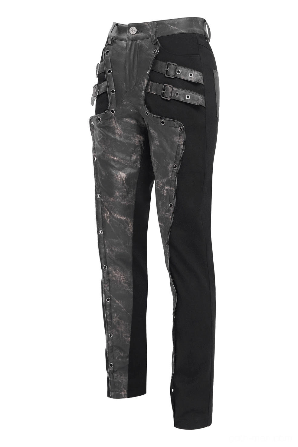 Black gothic pants side profile showing asymmetric panel design and adjustable buckle hardware