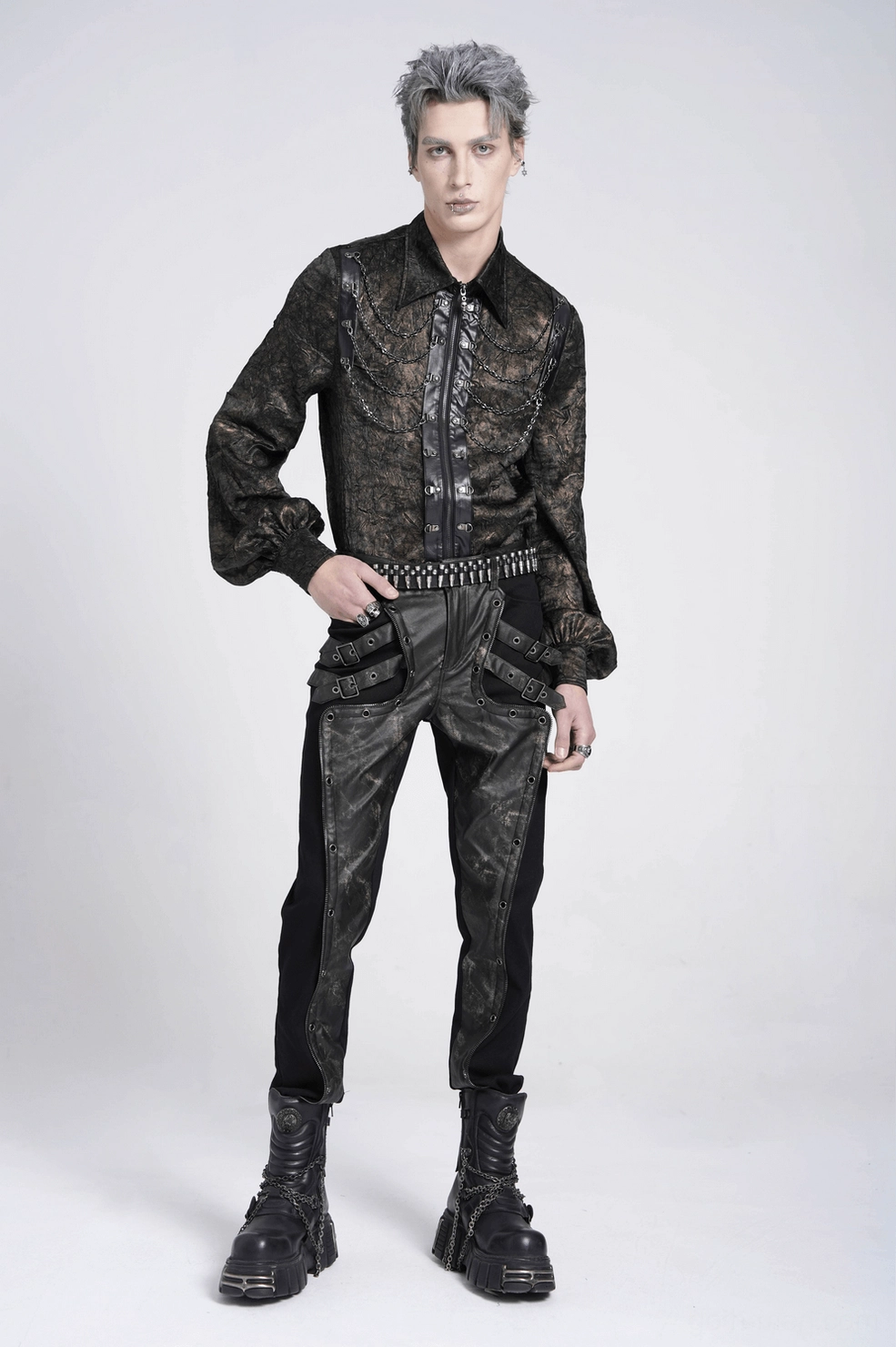 Men's gothic techwear pants size progression display across multiple size options