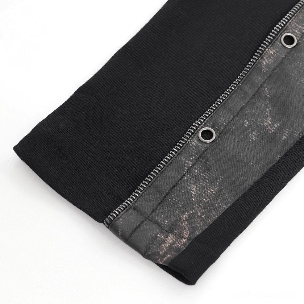 Men's gothic techwear pants with distressed leather panels and tactical buckle design, alternative angle view