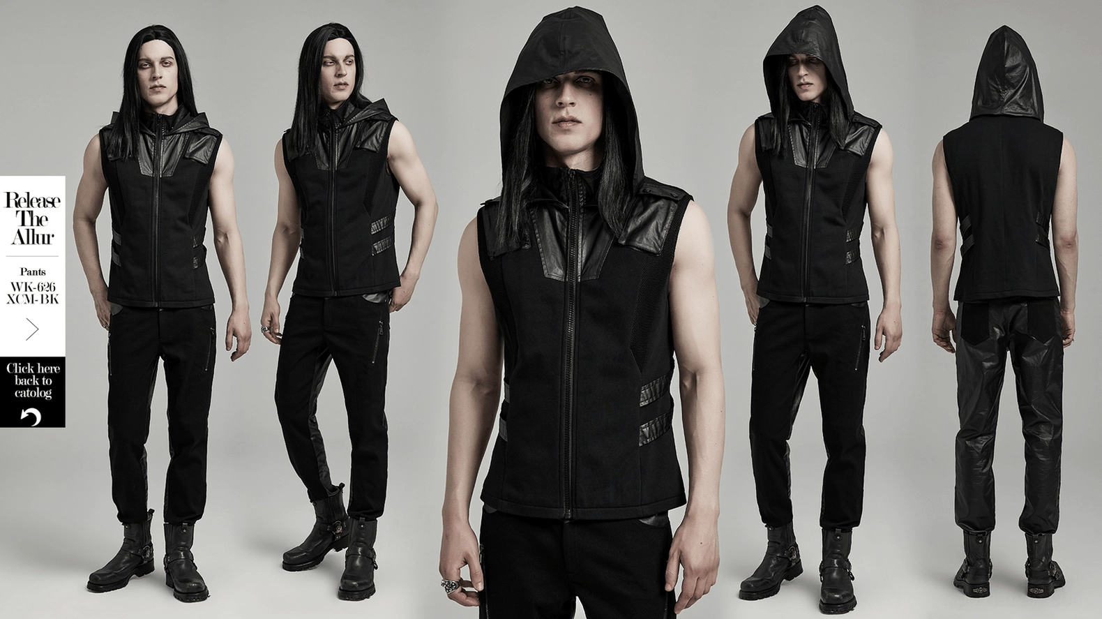Complete gothic techwear sleeveless hoodie showcasing black fabric and leather accent placement
