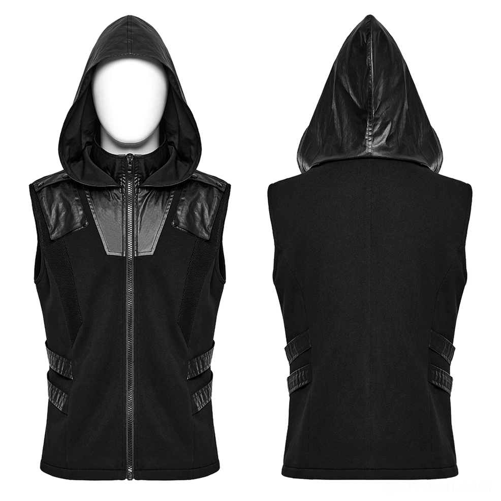 Dual front and back display of black gothic sleeveless hoodie with leather accents on mannequin
