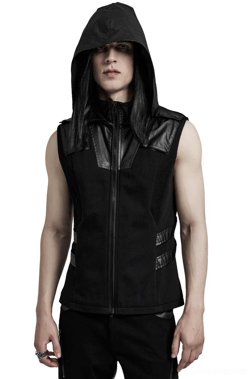 Black gothic techwear sleeveless hoodie with leather shoulder accents and front zipper worn by male model front view