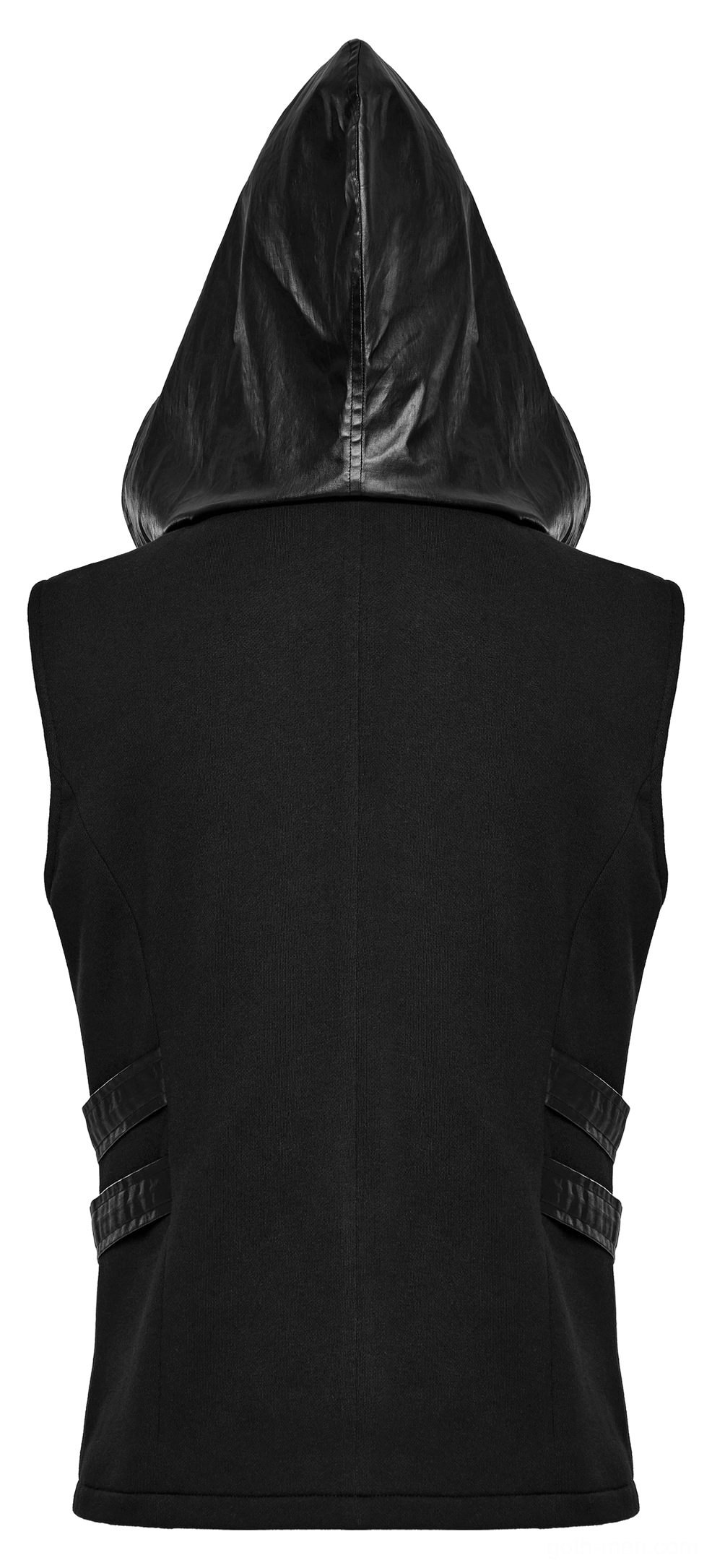 Back view of black gothic techwear hoodie with leather hood trim and side strap details on mannequin
