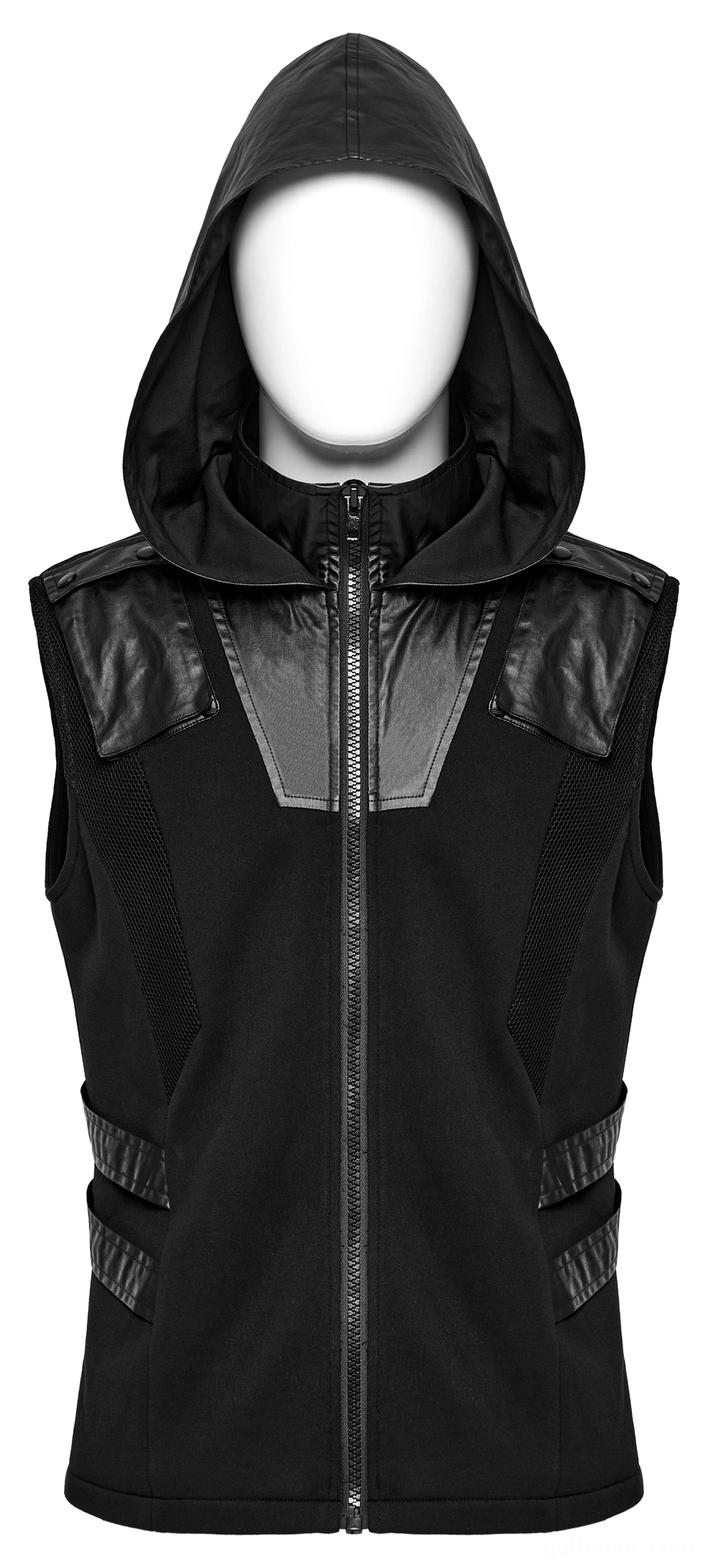Front view of black gothic techwear sleeveless hoodie with leather hood panel on display mannequin