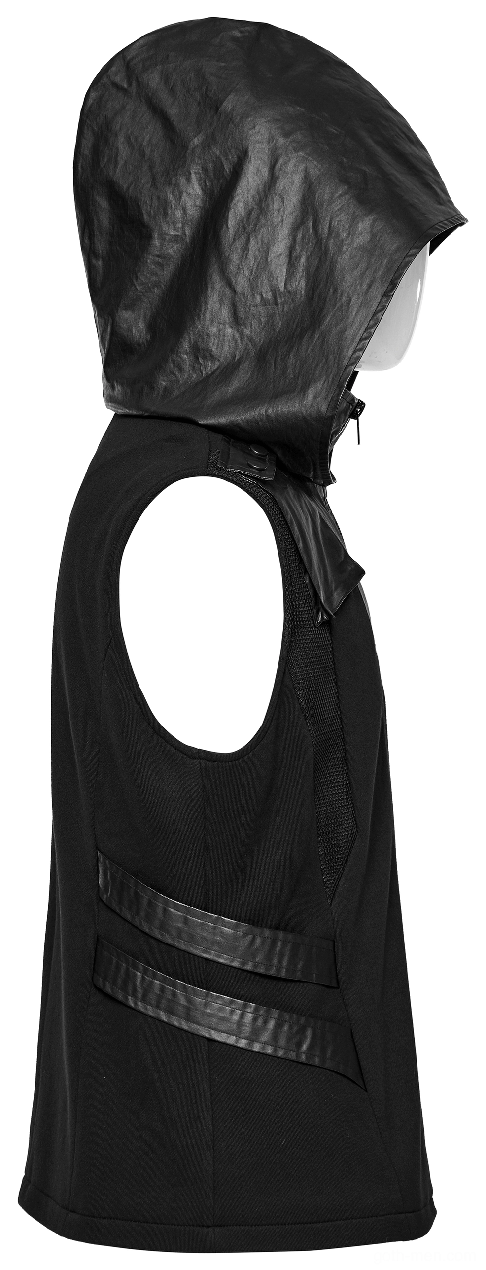 Side profile of black gothic sleeveless hoodie showing leather hood trim and sleeveless construction