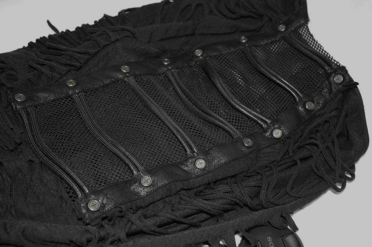 Gothic fringe t-shirt shoulder straps and mesh detail - multi-strap construction with round metal studs and padded design elements