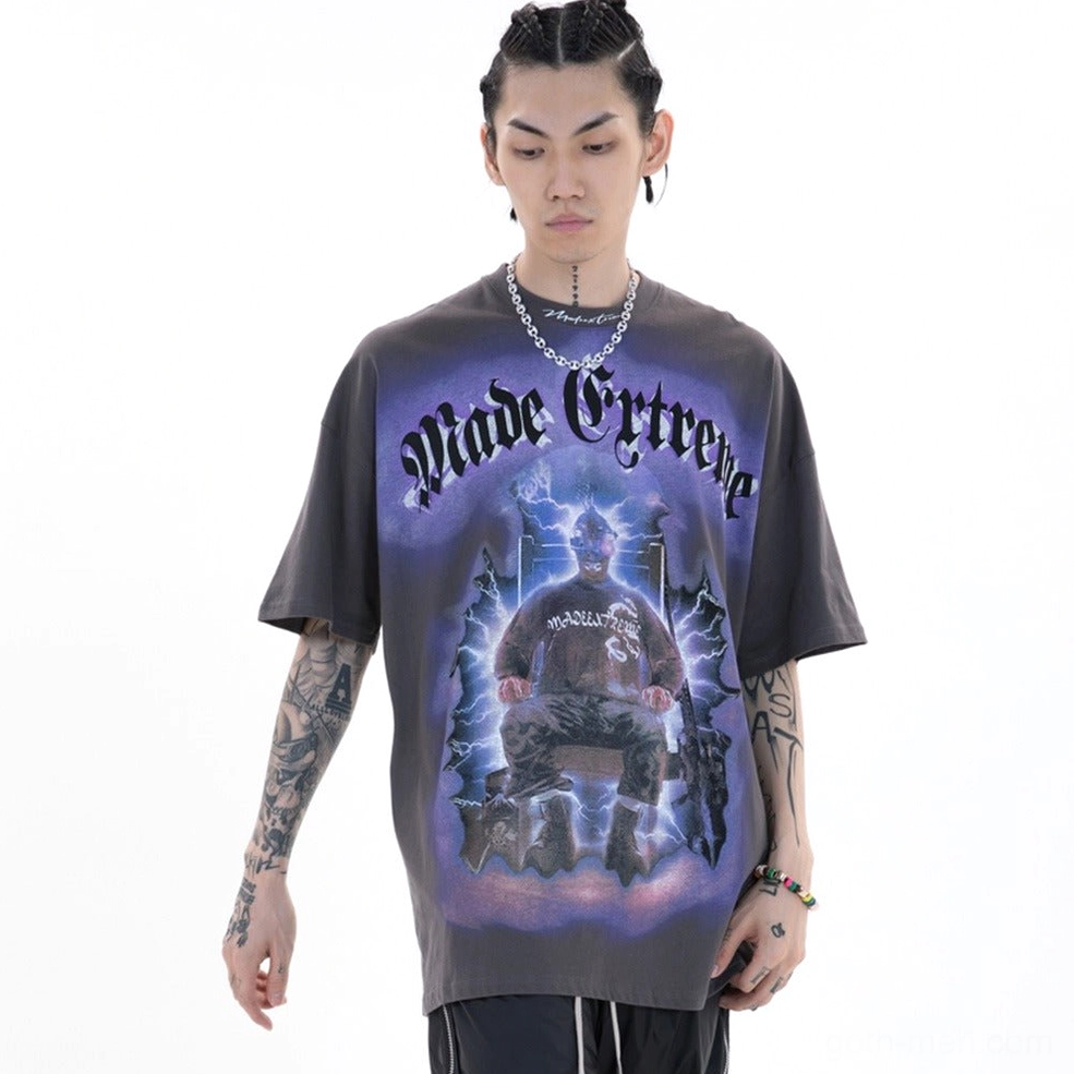 Gothic lightning throne tee sleeve and fit detail on model