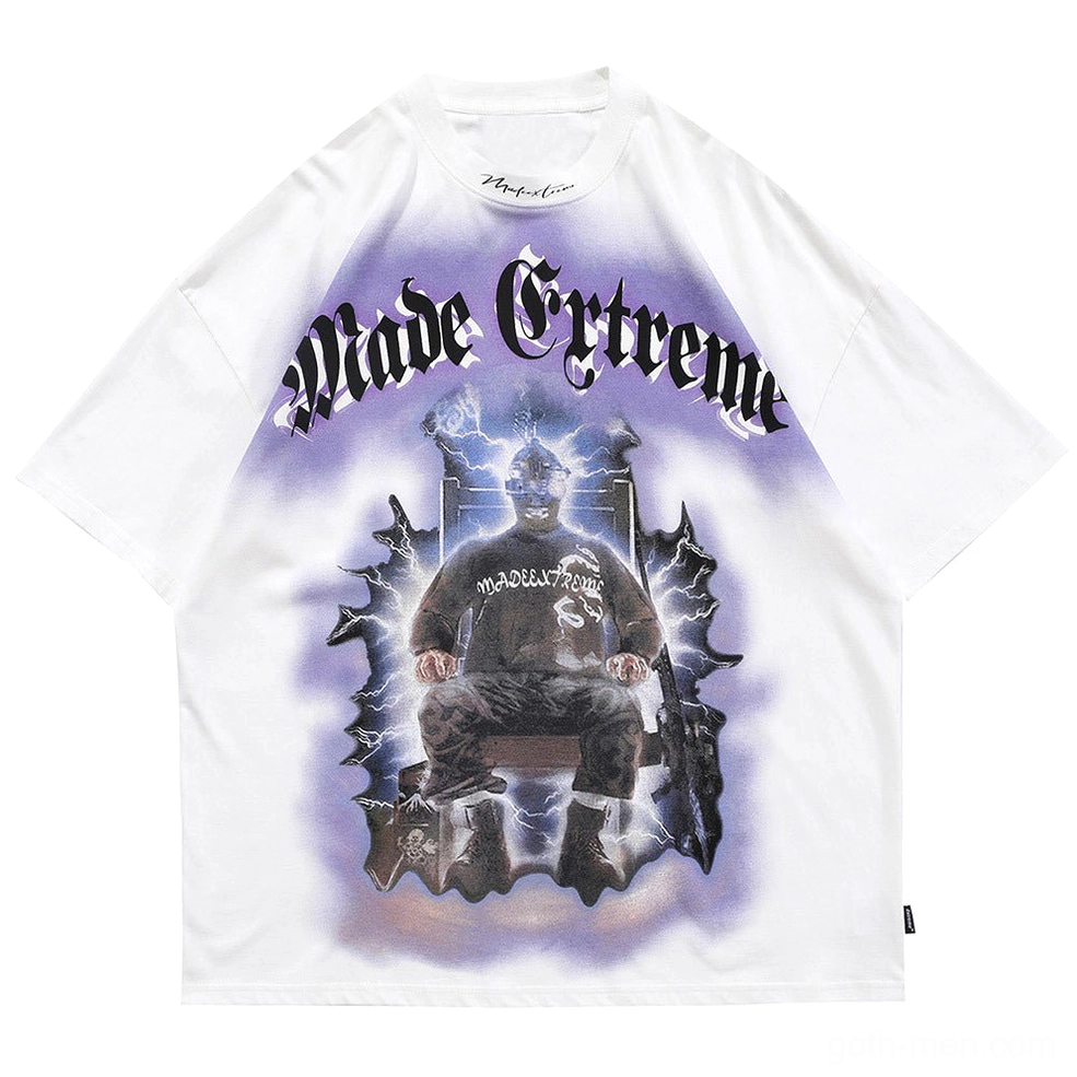 White gothic oversized tee with lightning throne graphic flat lay