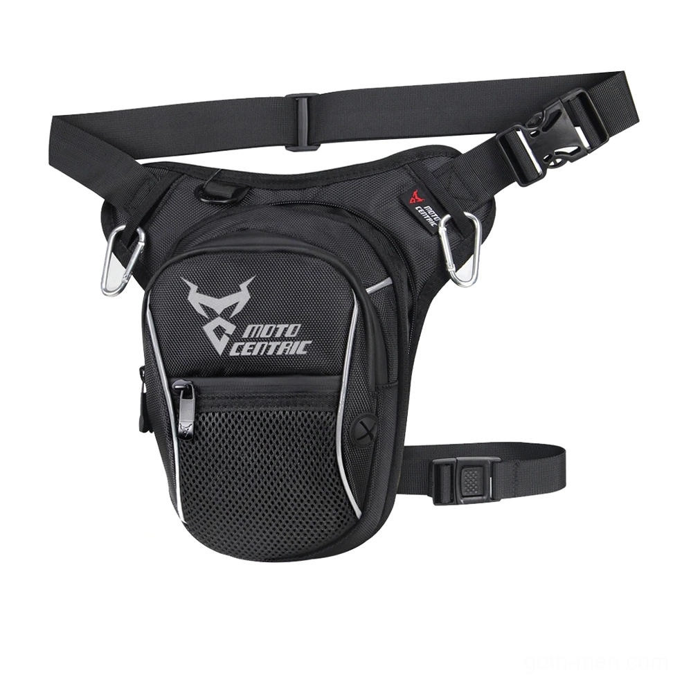 Waterproof gothic leg bag in pure black with grey Moto Centric branding, equipped with mesh pocket and adjustable belt buckles