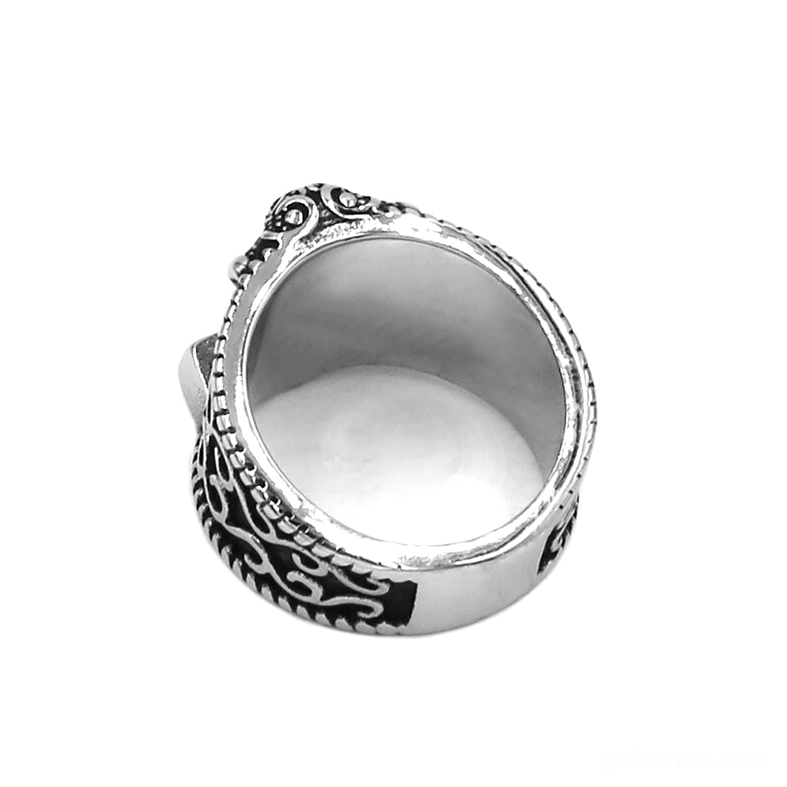 Gothic biker ring side profile view twisted rope border Celtic knot design stainless steel dark vintage aesthetic