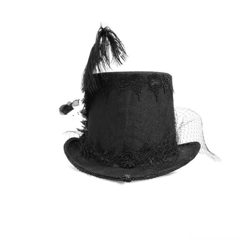 Black gothic top hat rear three-quarter view with subtle feather detail and minimal lace trim