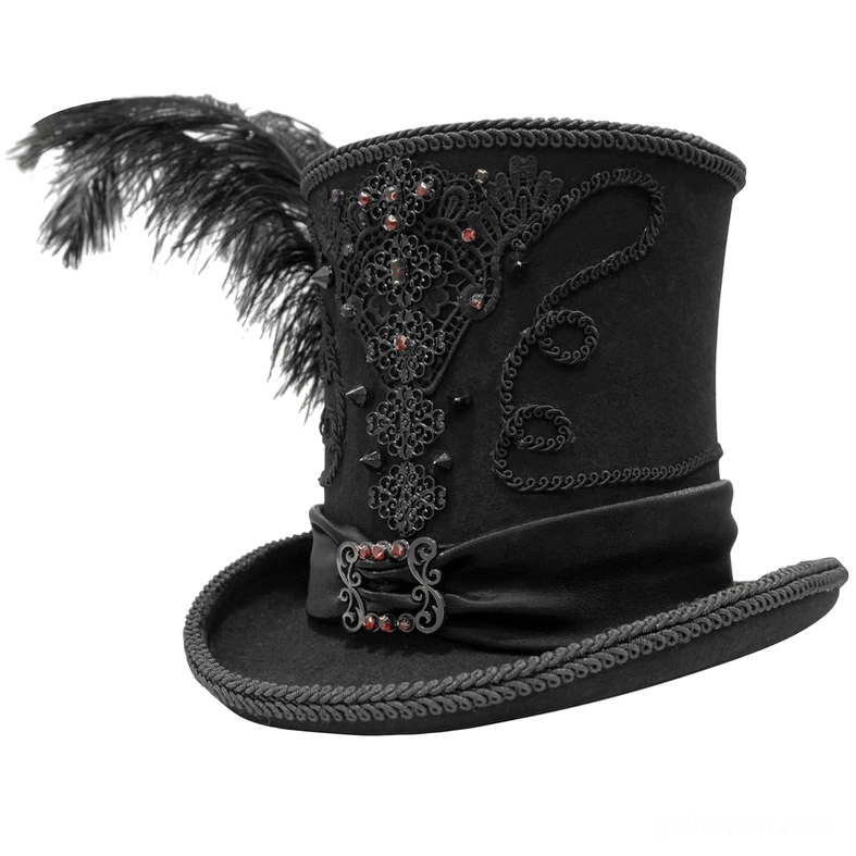 Men's gothic top hat featuring braided trim and red gem lace embellishment, three-quarter right side view