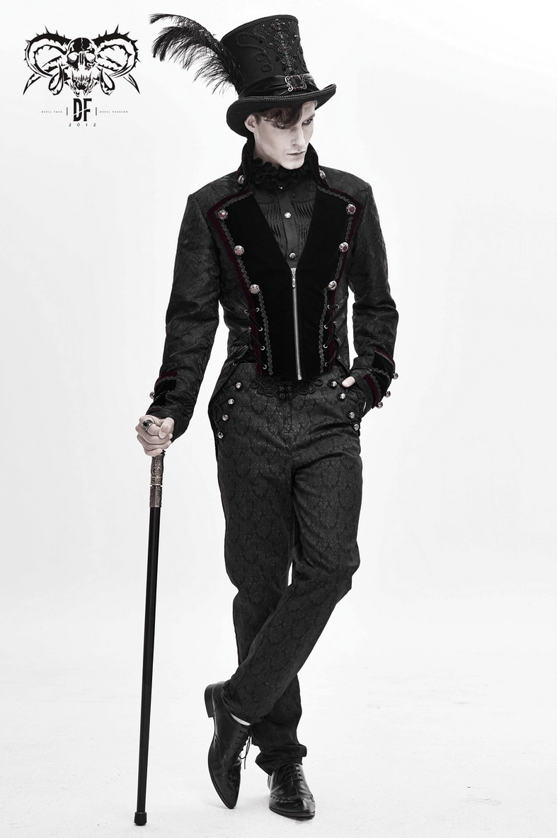 Detailed view of gothic top hat's decorative elements including feather trim and jeweled lace framework
