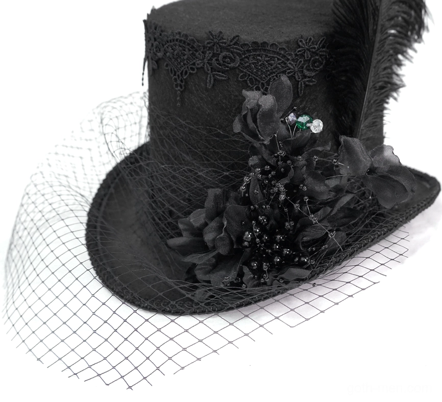 Gothic top hat right close-up detail showing lace trim, 3D fabric flowers, ostrich feather, gemstone embellishments, and veil net