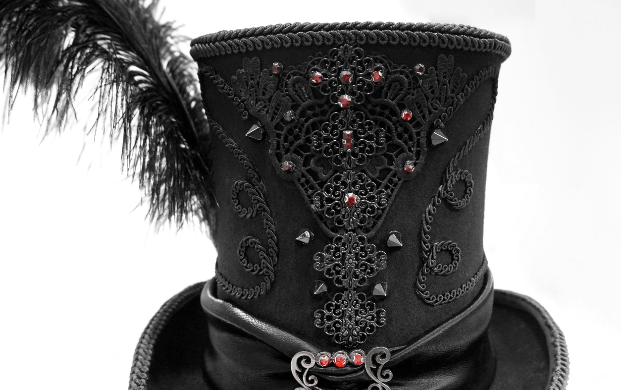 Ornate back view of gothic top hat featuring embroidered lace with red gems and feather accent