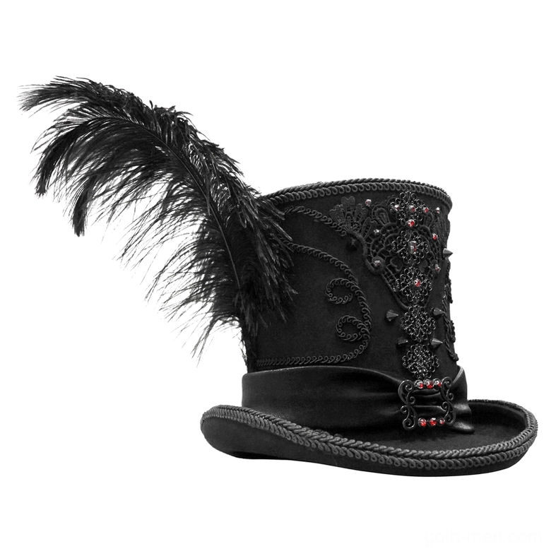 Black feathered gothic top hat with structured felt crown and braided edge detail, left side angle