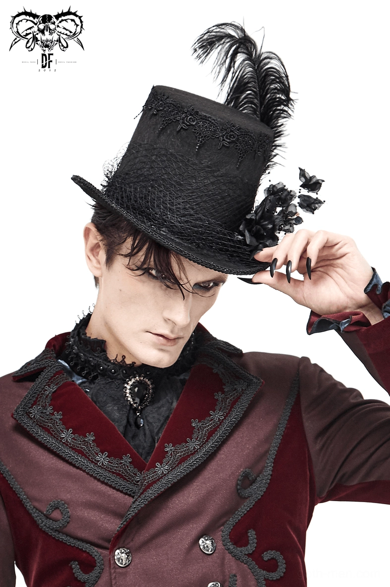 Black gothic top hat unisex style with 3D fabric flowers and detachable ostrich feather accessory