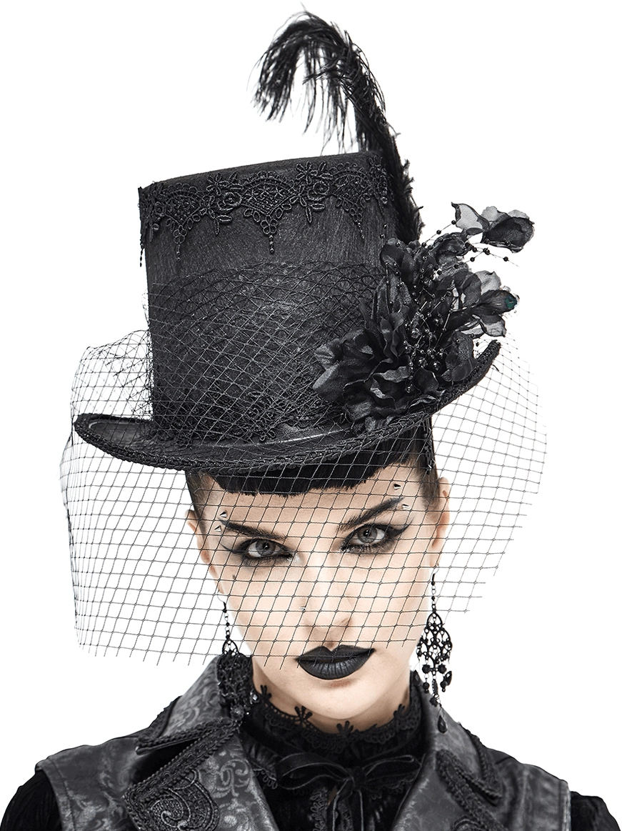 Gothic black top hat front view close-up with lace trim, fabric flowers, and ostrich feather on model with face veil
