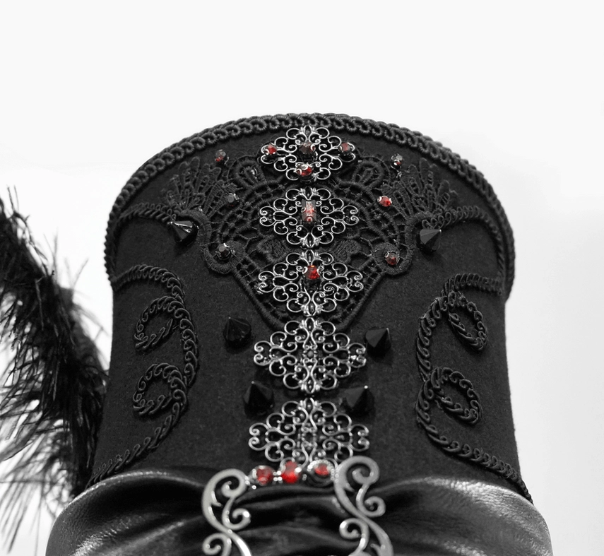 Black wool gothic top hat full frontal showcase with ostrich feather, lace applique, and buckle decoration