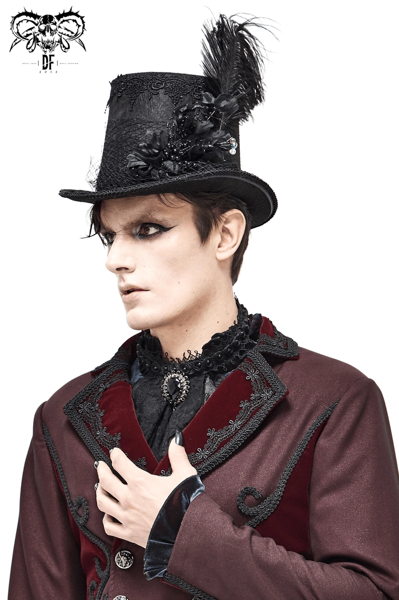 Gothic black top hat with ostrich feather and decorative 3D fabric elements full view