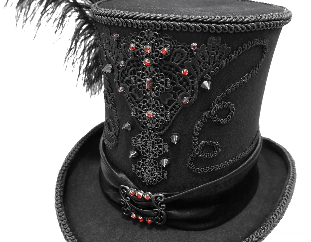 Close-up of gothic top hat's front spiked lace applique with red rhinestones and feather trim