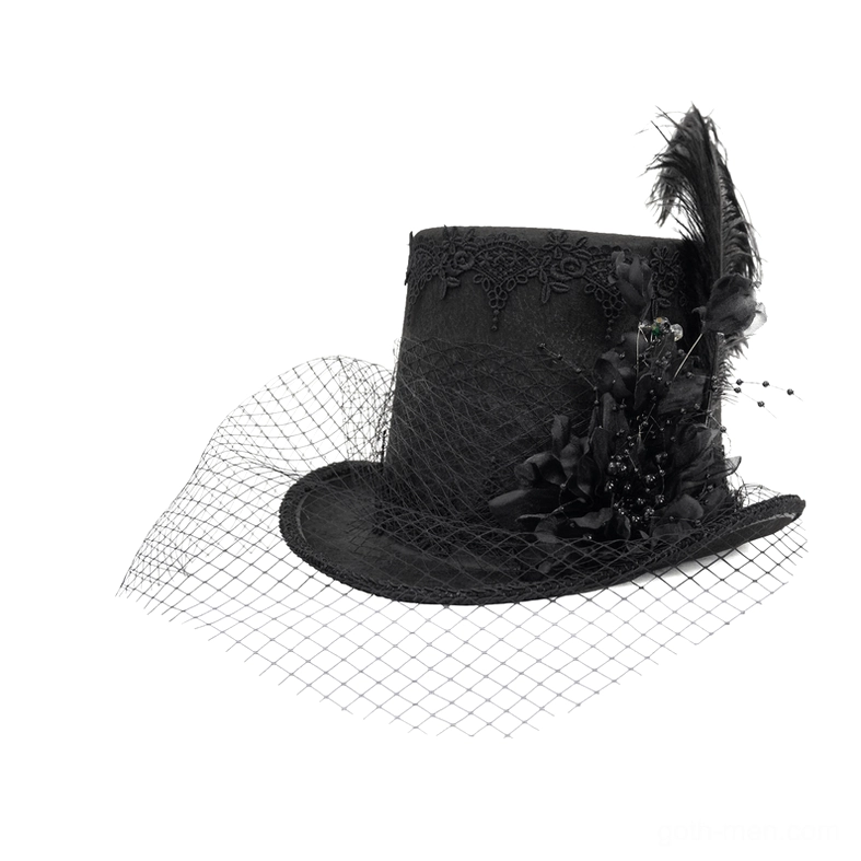 Black gothic top hat left side detail featuring ostrich feather, fabric flowers, veil netting, and gothic lace trim accents