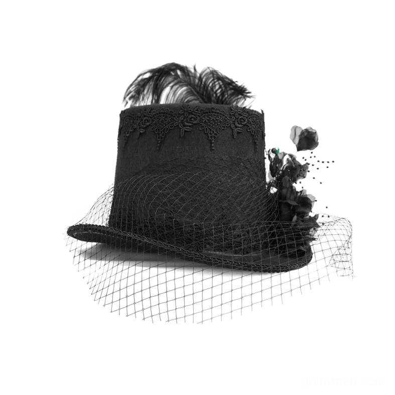 Gothic top hat left side profile showing ostrich feather, fabric flowers, veil net, and intricate lace trim