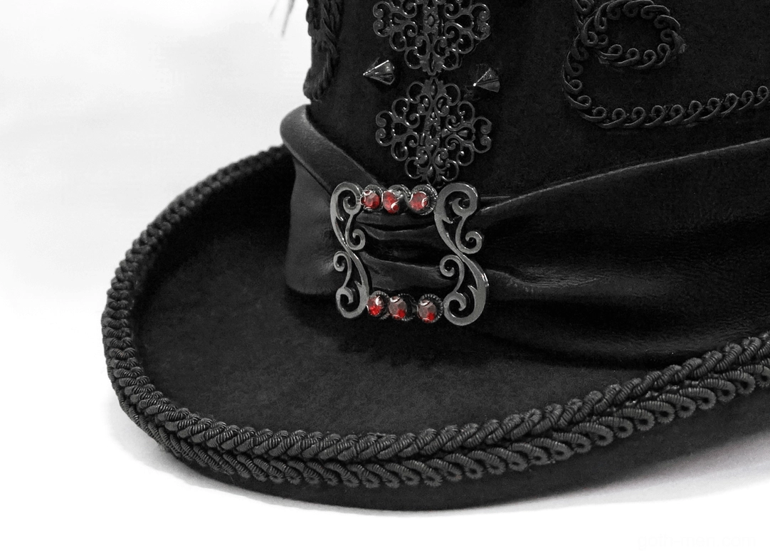 Metal buckle and gem detail on gothic top hat's decorative satin band and braided brim