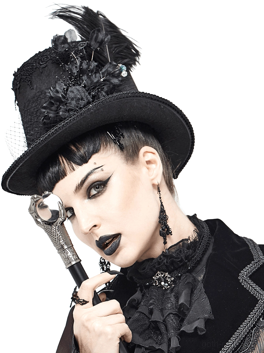 Black gothic top hat with detachable ostrich feather and 3D fabric flowers, left three-quarter view on model with lace trim and monocular accessory